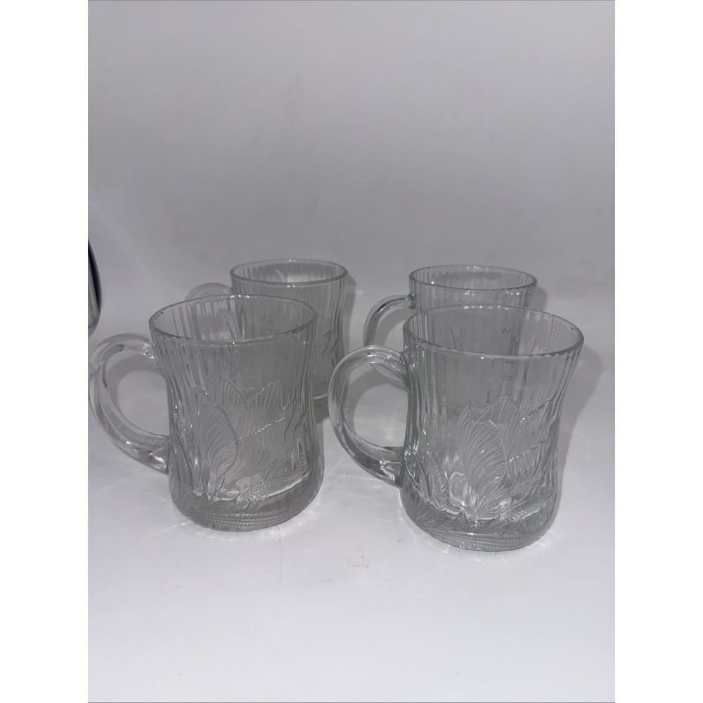 Set of 4 Vintage ARCOROC France CANTERBURY Crocus 10 oz Clear Glass Mugs Cups